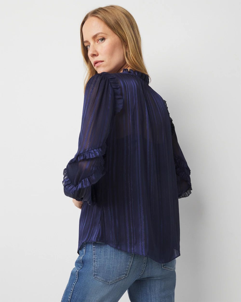 【美品】JNHearts Frill Stripe blouse Navy Sleeveless Ruffle Neck Blouse - Oxford Navy Solid Colors | NYDJ